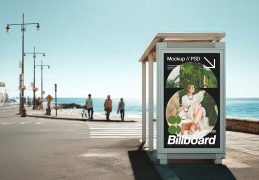 Vertical Billboard Mockup at Seaside Crosswalk with Clear Sky