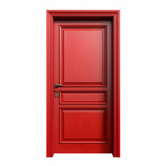 A red wooden interior door with a smooth finish, isolated on a white background, showcasing its vibrant color and classic design