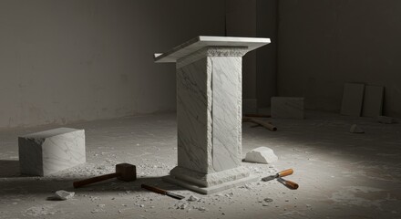 Sculpting a Marble Lectern: A Craftsman's Studio in Soft Light