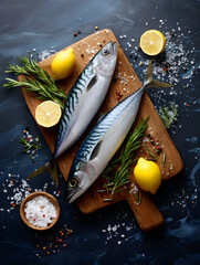fresh mackerel fish on a wooden cutting board with lemon and spices
