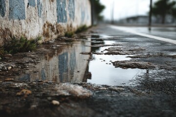 Fototapeta premium Urban Puddle Reflection: Moody Street Scene Photography
