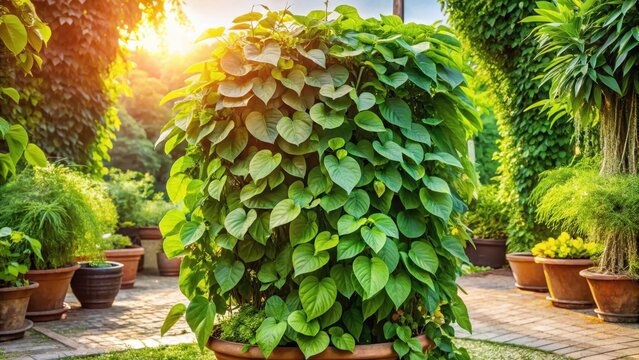 Mature Dioscorea plant with lush green leaves and vines growing in a garden, surrounded by other foliage plants, on a sunny afternoon , vegetation, dioscorea