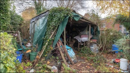 Neglected garden shed filled with debris and overgrown vegetation.