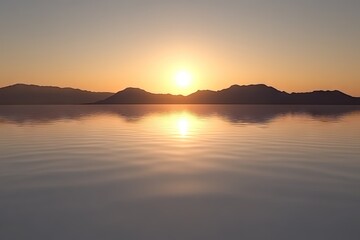 Sunrise view over calm waters reflects light off distant mountains