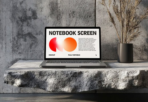 Notebook Screen Mockup on Floating Stone Platform with Vase