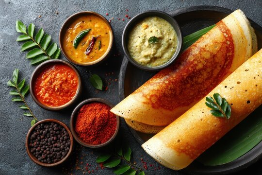 Famous South Indian breakfast of masala dosa set dosa and ghee roast served with sambhar and chutneys in Kerala India