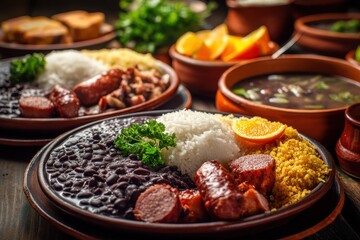 Obraz premium Feijoada a Brazilian dish served with rice beans sausage pork farofa and orange on platters
