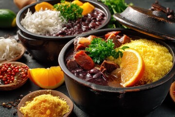 Feijoada a classic Brazilian dish accompanied by rice farofa orange pepper and cabbage