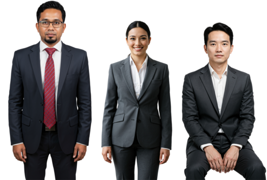 Three Professionals in Formal Attire: A South Asian Man, a Southeast Asian Woman, and an East Asian Man Standing Together Against a transparent background