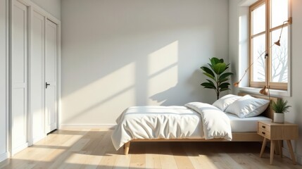 Obraz premium Serene Minimalist Bedroom with Sunlight Streaming Through Window and Light Wood Floor