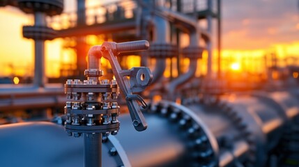 Fototapeta premium Close up of industrial pipeline infrastructure with valves against a vibrant sunset in an energy plant.