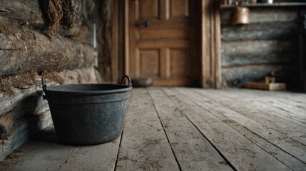Naklejka premium Rustic Log Cabin Interior: Weathered Bucket on Worn Wooden Floor