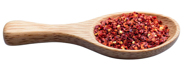chili flakes in wooden spoon on white background.