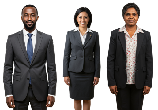 Diverse Group of Professionals in Formal Attire: A Black Man, an Asian Woman, and an Indian Woman Standing Together in Business Suits Against a transparent background - Powered by Adobe