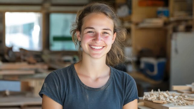 Smiling young woman in a workshop (1) - Powered by Adobe