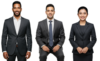 Three Professional Individuals in Business Attire: A Smiling Black Male, a Confident Middle-Eastern Male Seated, and an Asian Female Standing Against a transparent background