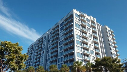 Modern executive apartment building, deep blue summer sky, apartment, balcony