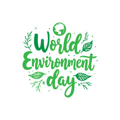 Green lettering of world environment day with leaves and a globe illustration