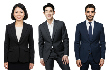 A group of three professionals: an Asian woman, a Caucasian man, and a Middle-Eastern man posed in formal business attire, showcasing diversity in modern corporate environments.