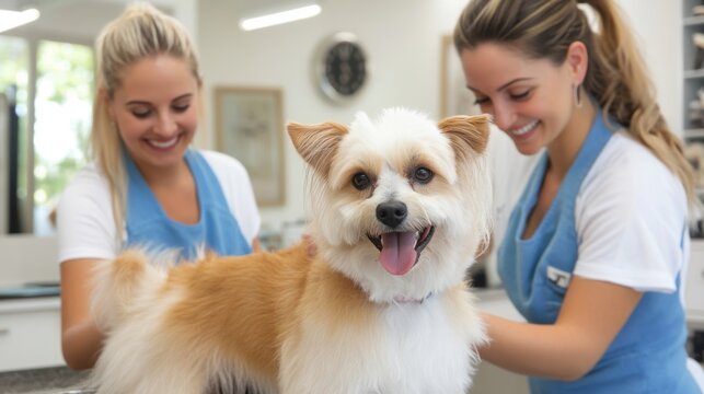 Two professional groomers gently attend to a happy dog in a bright grooming salon. The atmosphere feels warm and inviting, showcasing caring interactions between them