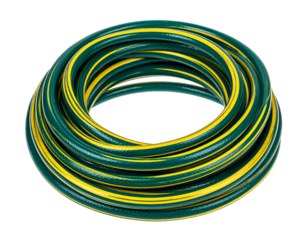 Green and Yellow Striped Garden Hose Coiled on Transparent Background