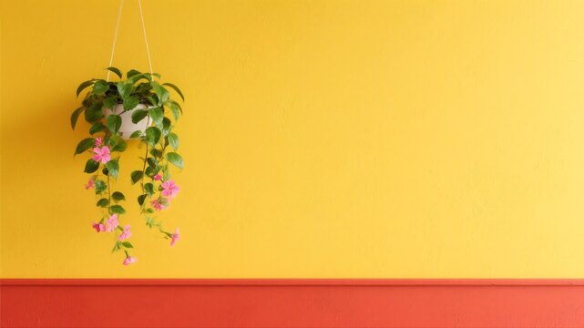 Yellow Wall with Hanging Plant and Red Accent – Colorful Floral Background