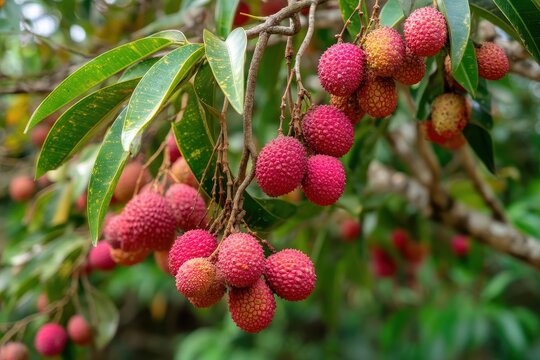 Lychee bunches on orchard trees