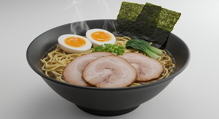 Steaming Bowl of Ramen with Soft Boiled Eggs and Nori