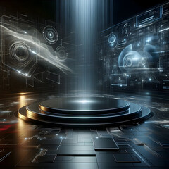 Futuristic dark podium with light and reflection background
