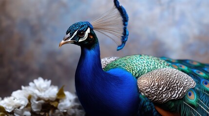 Fototapeta premium A striking peacock showcases its iridescent plumage, perched elegantly against a soft backdrop. Delicate white flowers complement the scene, enhancing its beauty