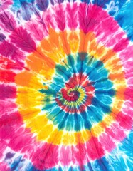 A vibrant tie-dye pattern featuring a mesmerizing rainbow swirl of colors, blending hues of red, orange, yellow, green, blue, and purple in a playful design.