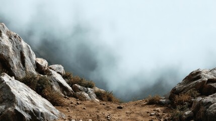Misty Mountain Pass: Serene Rock Formation in a Dreamlike Landscape