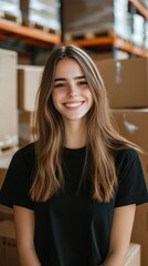 Smiling young woman in a warehouse
