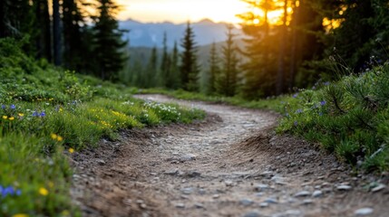 Obraz premium A winding dirt path cuts through a lush meadow filled with colorful wildflowers, surrounded by trees. The sun sets behind distant mountains, casting a warm glow over the landscape