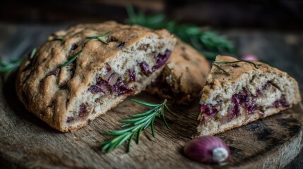 Sliced focaccia with red onion and rosemary on wooden board rustic style close up food photography simple presentation