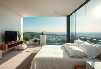 Modern bedroom terrace, panoramic view, minimalist design, sunlight, peaceful, apartment