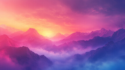 Obraz premium Pink Purple Blue Sunset Over Misty Mountain Range
