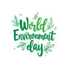 Lush green lettering announcing World Environment Day adorned with foliage
