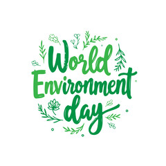 Lush green world environment day lettering with botanical vector elements