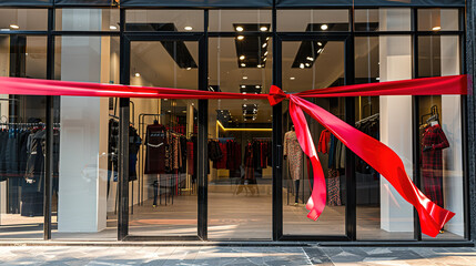 Grand opening of a modern boutique with red ribbon cutting ceremony, clean glass storefront and minimalist decor with copy space. New business launch, retail shop concept, luxury shopping experience a