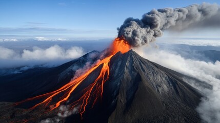 A massive volcanic eruption sends red-hot lava flowing down the steep slopes while dark ash clouds billow high into the sky, creating a dramatic natural spectacle against a blue backdrop