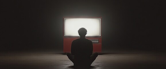 Obraz premium Silhouette of person meditating before a glowing old television in a darkened room