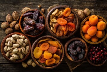 A Colorful Display of Dried Fruits and Nuts in Rustic Bowls on Wooden Table with Natural Textures and Warm Lighting