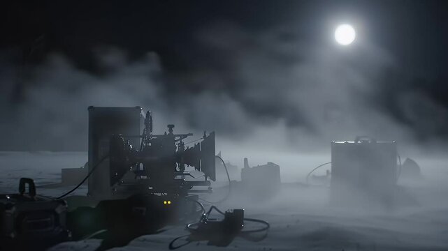 Black Equipment on Gray Field Under Moonlight in a Dark Sky Scene