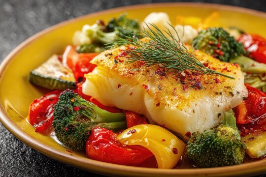 Oven baked hake with veggies on a yellow plate against a black backdrop Tasty snacks for food lovers Focused view
