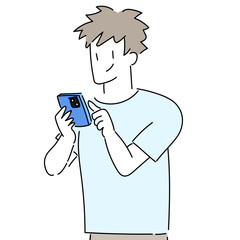 男性　スマホ　シンプル　線画　おしゃれ　スマホをいじる