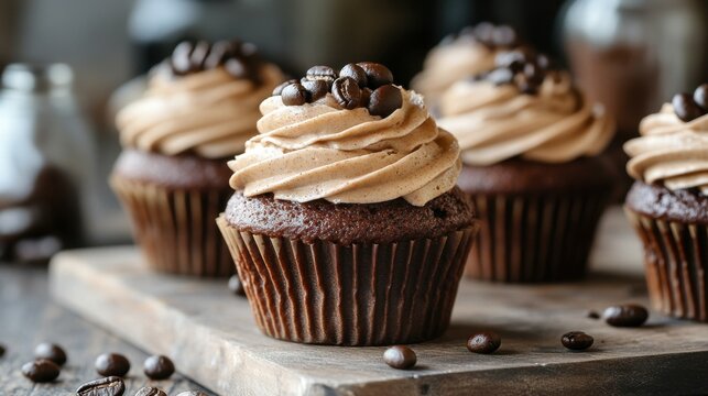 Mocha mousse cupcakes with a coffeeflavored muffin base, topped with chocolatecovered espresso beans, mocha mousse cupcakes muffins, rich dessert pairing - Powered by Adobe