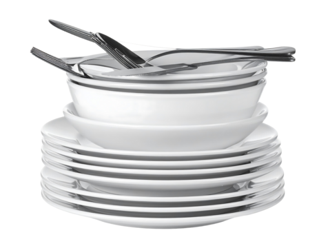 Stack of Clean White Plates Bowls and Silverware
