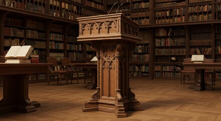 Naklejka premium Ornate Wooden Lectern in a Grand Library Setting: A Study in Architectural Details and Literary Ambiance