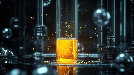 Golden Liquid Bubbles in Glass Cylinder Abstract Science Background